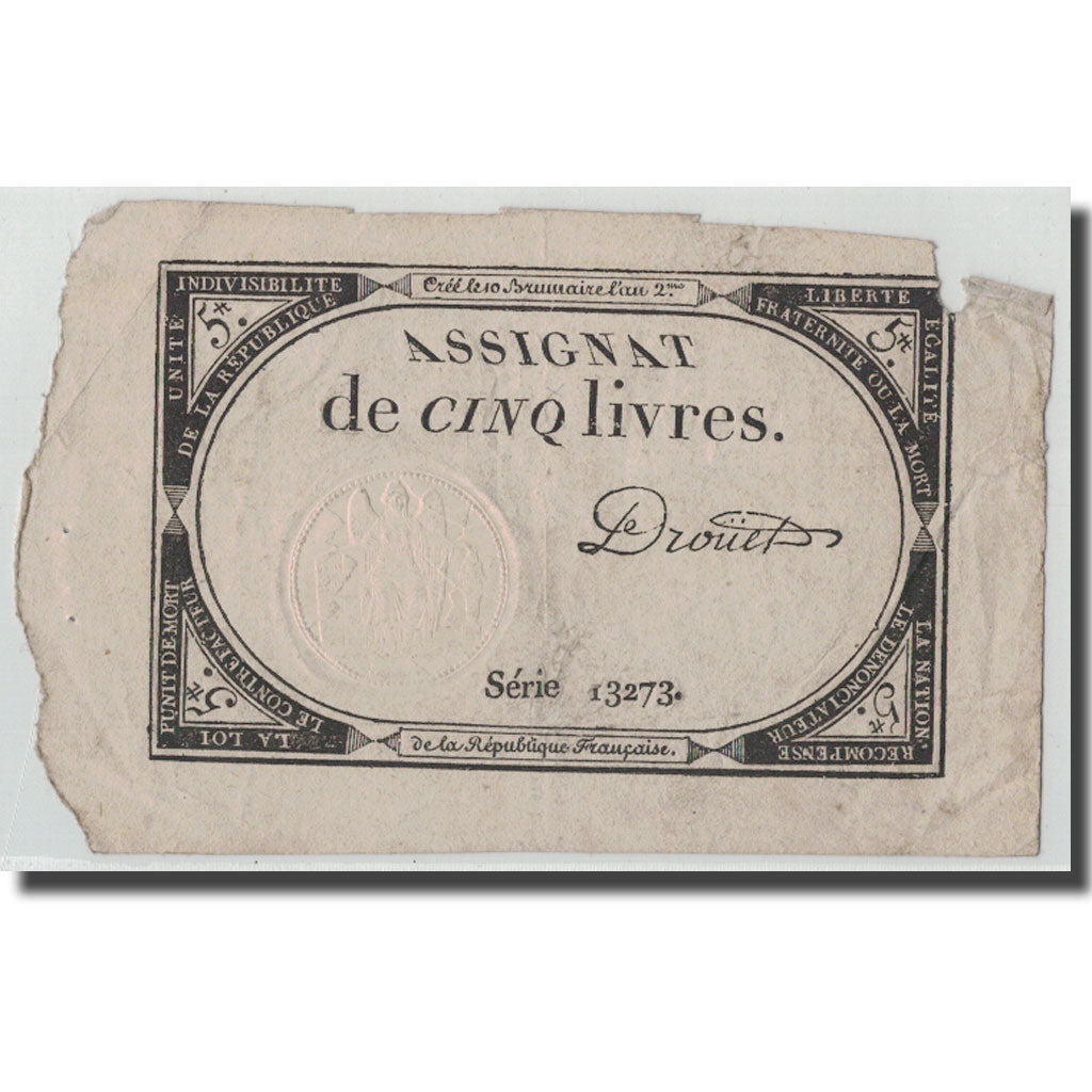 France, 5 Livres, 1793, Drouet, 1793-10-31, B+, KM:A76, Lafaurie:171