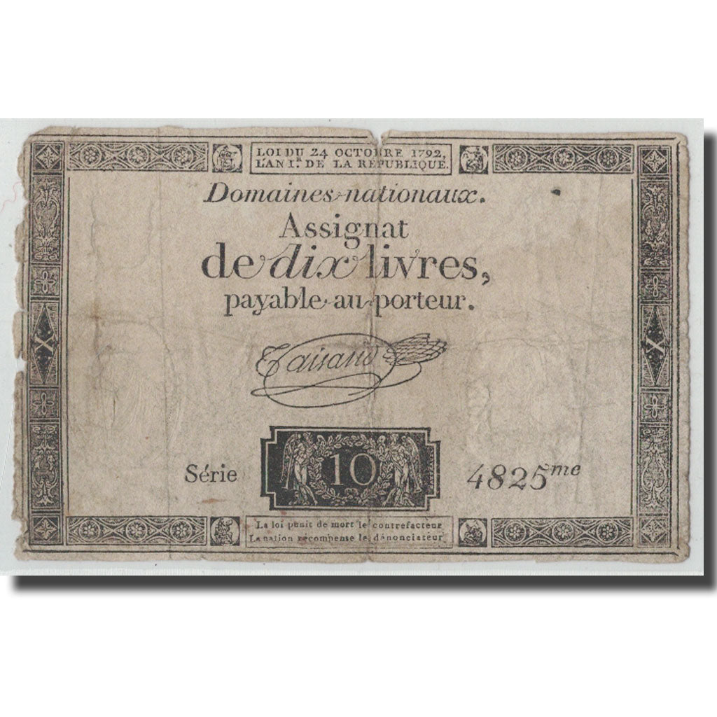 France, 10 Livres, 1792, Taisaud, 1792-10-24, VG(8-10), KM:A66b, Lafaurie:161b