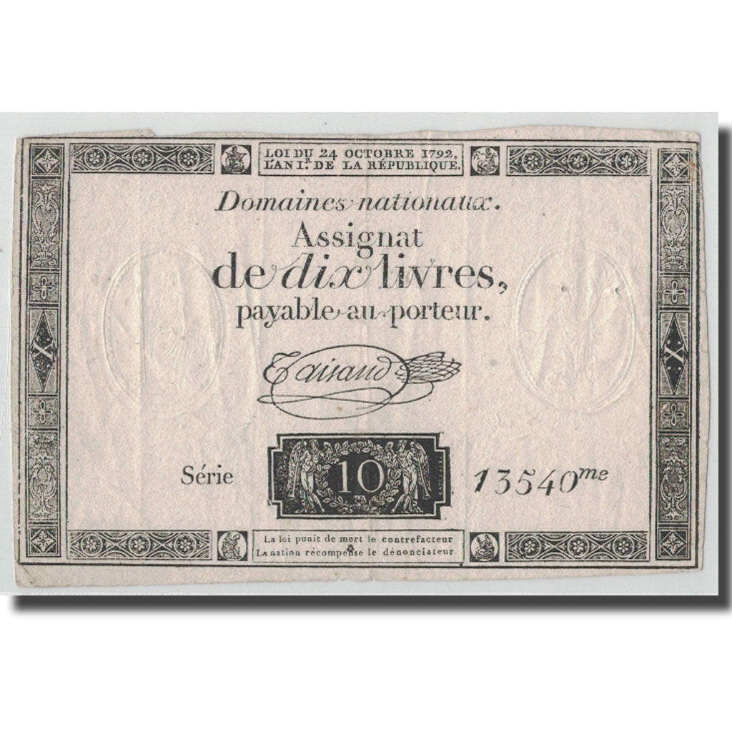 France, 10 Livres, 1792, Taisaud, 1792-10-24, VF(30-35), KM:A66b, Lafaurie:161b