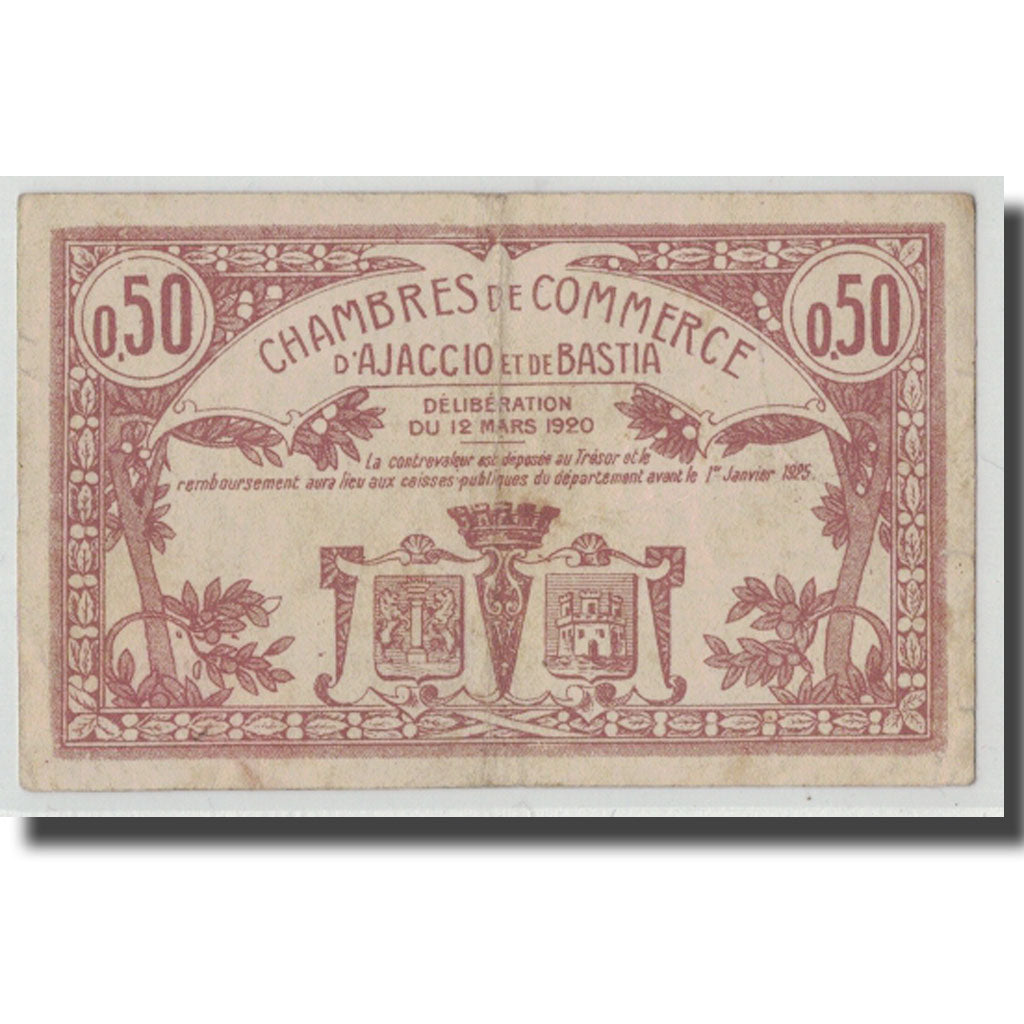 France, Ajaccio et Bastia, 50 Centimes, 1920, TB+, Pirot:3-8