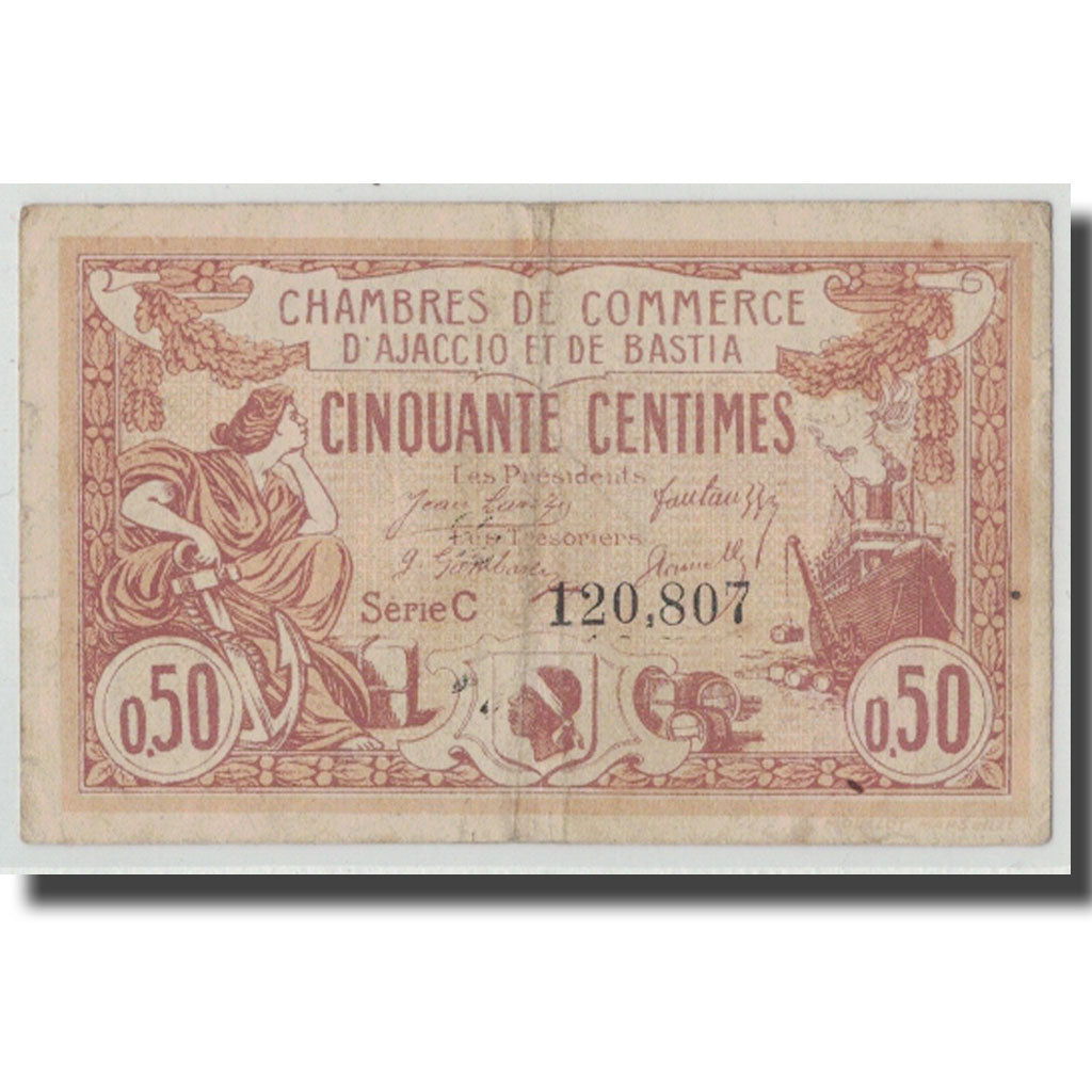 France, Ajaccio et Bastia, 50 Centimes, 1920, TB+, Pirot:3-8
