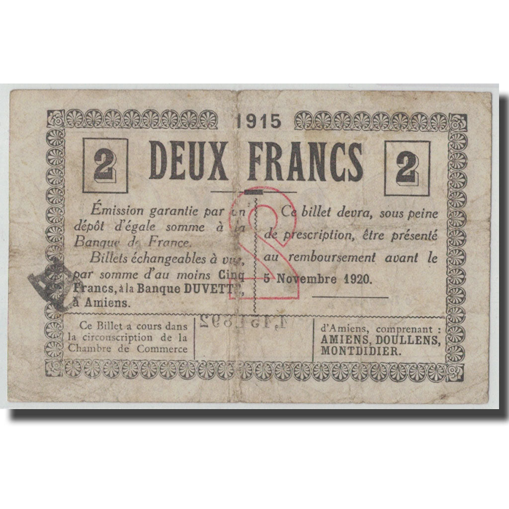 France, Amiens, 2 Francs, 1915, TB, Pirot:7-46