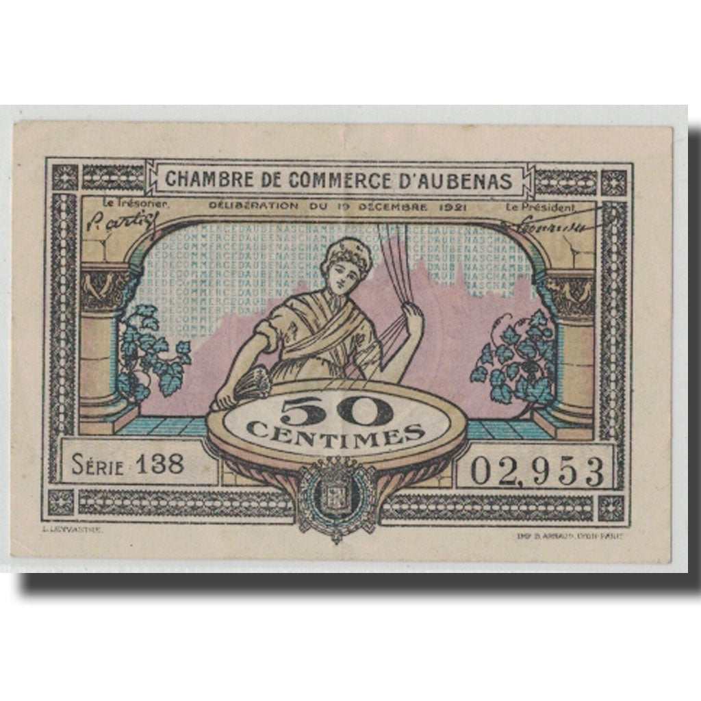 France, Aubenas, 50 Centimes, 1921, AU(55-58), Pirot:14-1
