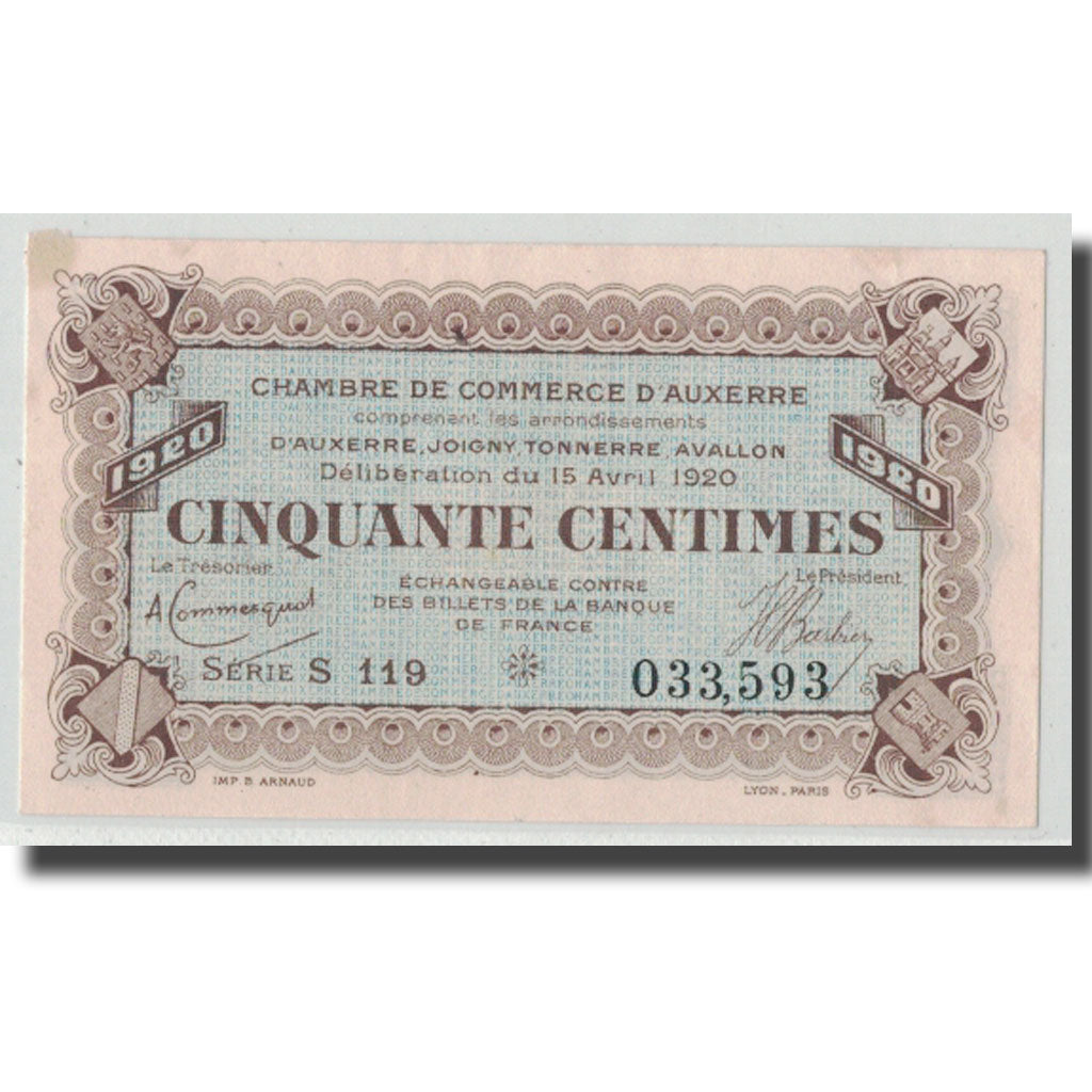 France, Auxerre, 50 Centimes, 1920, AU(55-58), Pirot:17-24
