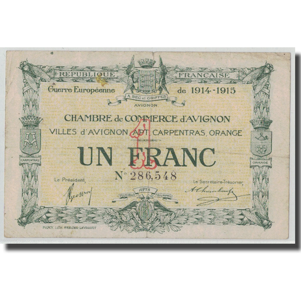 France, Avignon, 1 Franc, 1915, VF(30-35), Pirot:18-5