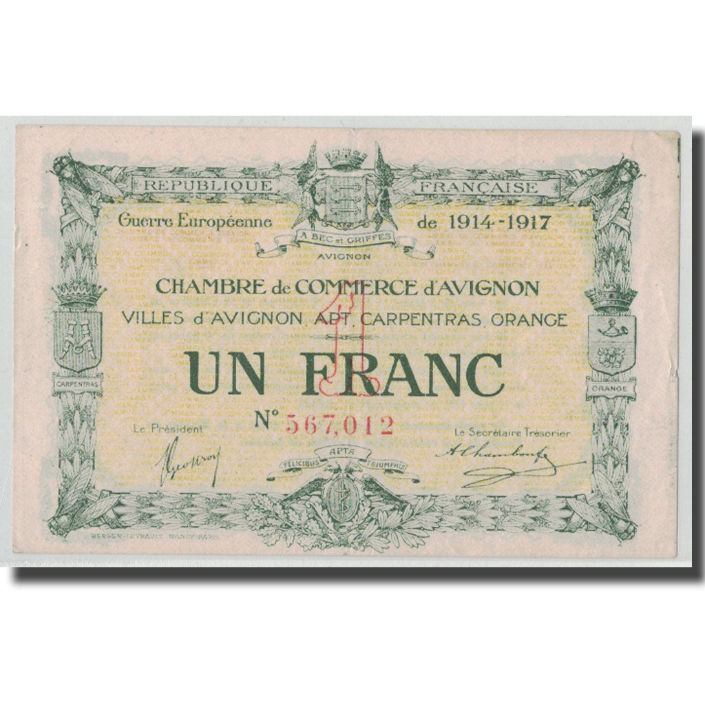 France, Avignon, 1 Franc, 1915, EF(40-45), Pirot:18-17