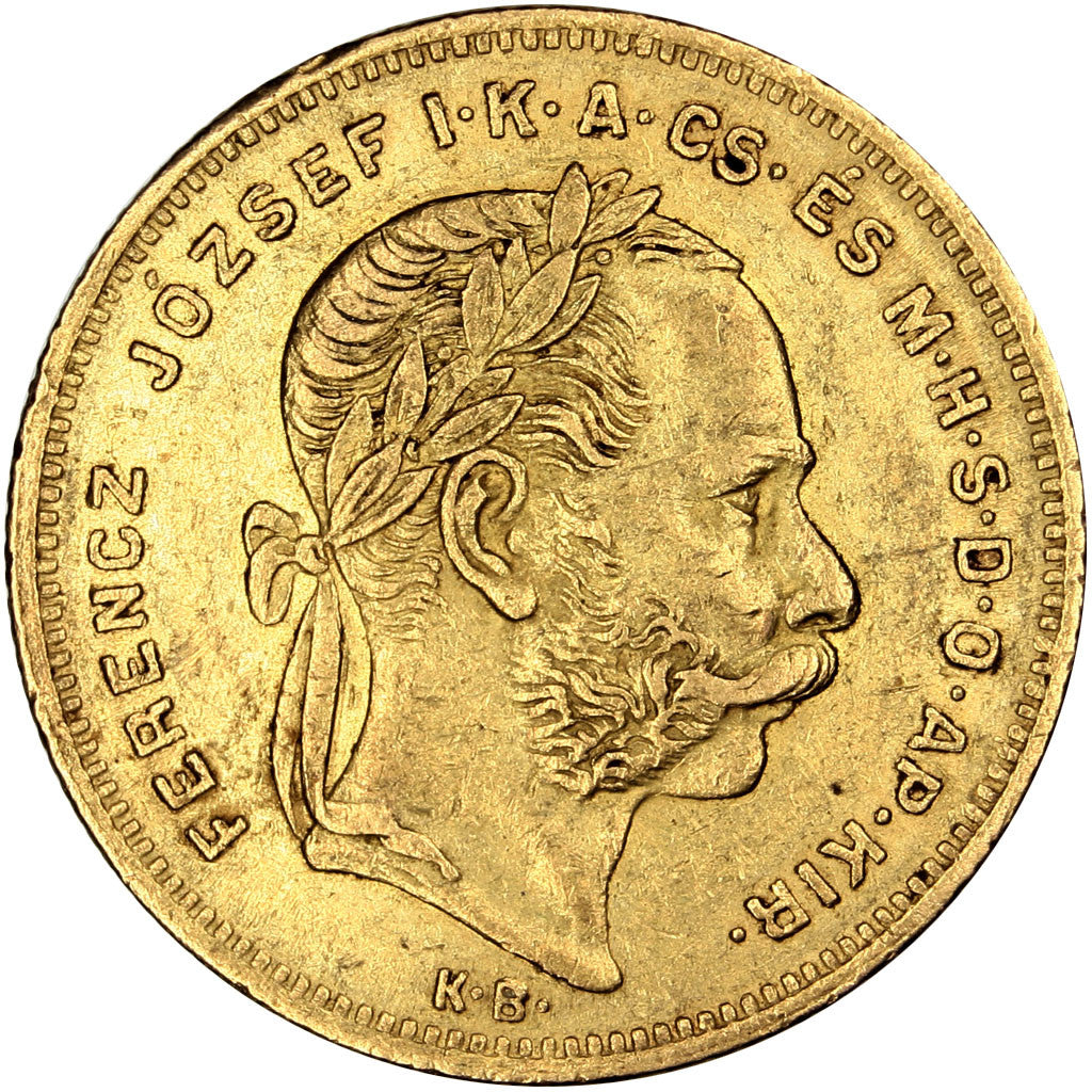 HUNGARY, 8 Forint 20 Francs, 1874, Kremnitz, KM #455.1, AU(50-53), Gold, 6.44