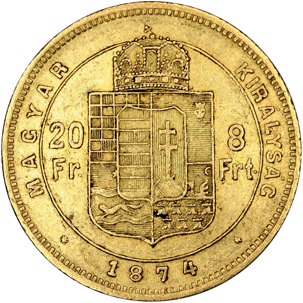 HUNGARY, 8 Forint 20 Francs, 1874, Kremnitz, KM #455.1, AU(50-53), Gold, 6.44