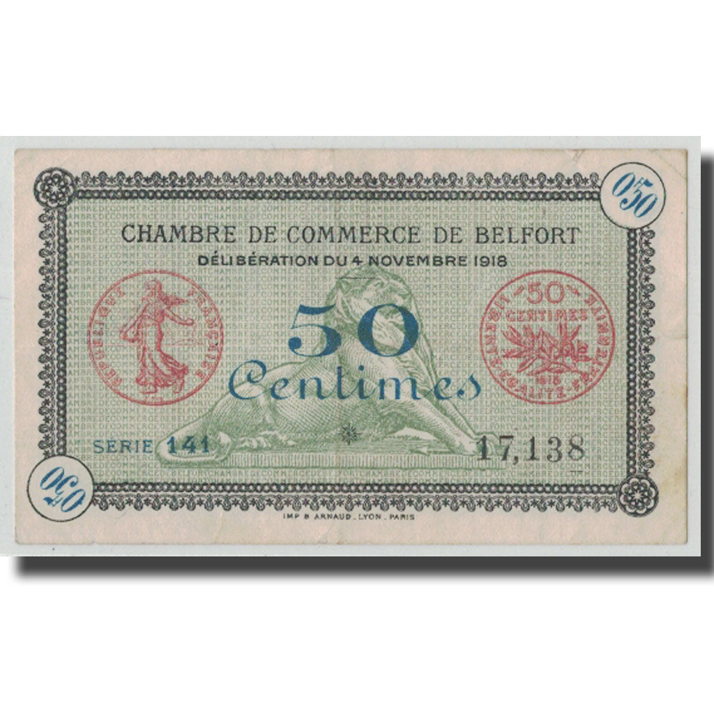 France, Belfort, 50 Centimes, 1918, AU(55-58), Pirot:23-41