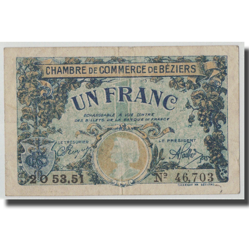 France, Béziers, 1 Franc, 1922, VF(30-35), Pirot:27-34