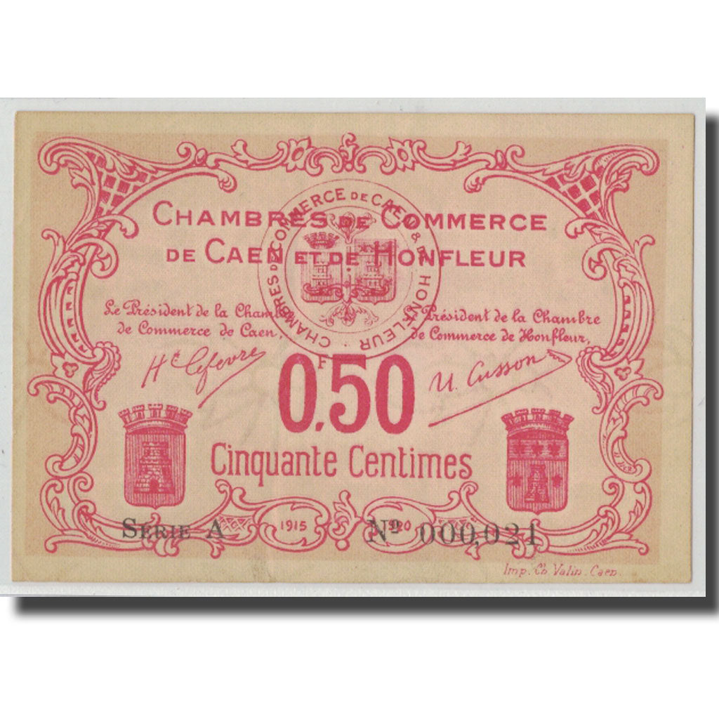 France, Caen et Honfleur, 50 Centimes, 1915, AU(55-58), Pirot:34-12