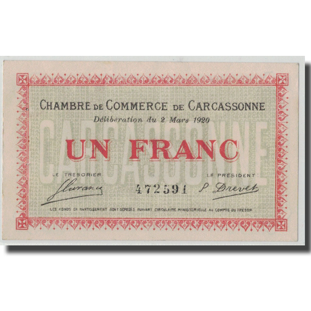 France, Carcassonne, 1 Franc, 1920, UNC(63), Pirot:38-17