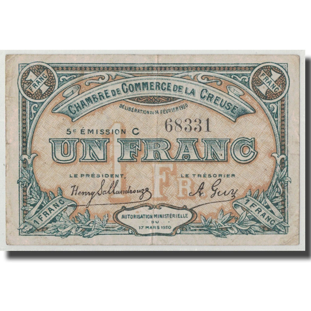 France, La Creuse, 1 Franc, 1920, VF(30-35), Pirot:64-20