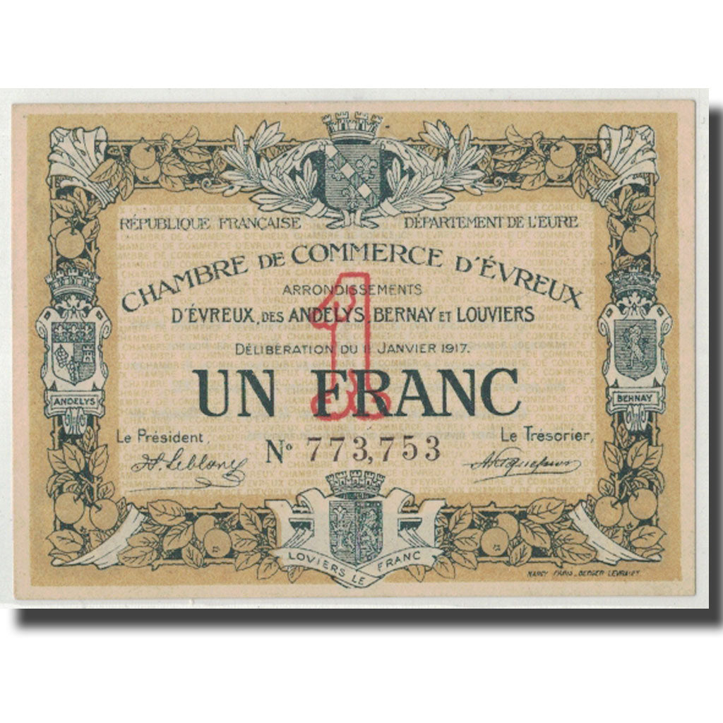 France, Evreux, 1 Franc, 1917, UNC(60-62), Pirot:57-11