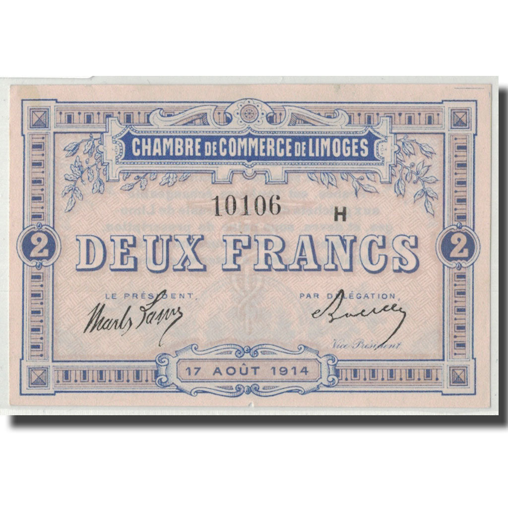 France, Limoges, 2 Francs, 1914, UNC(63), Pirot:73-16