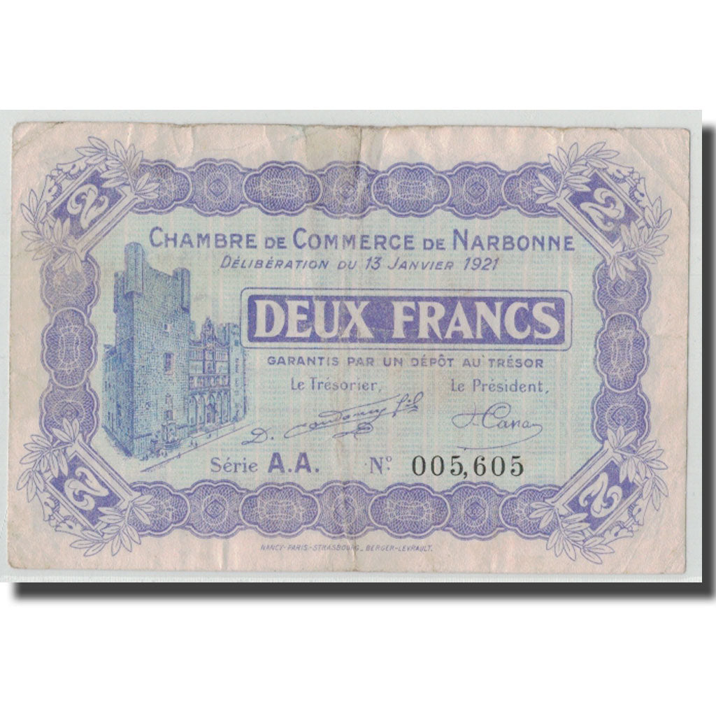 France, Narbonne, 2 Francs, 1921, VF(30-35), Pirot:89-25