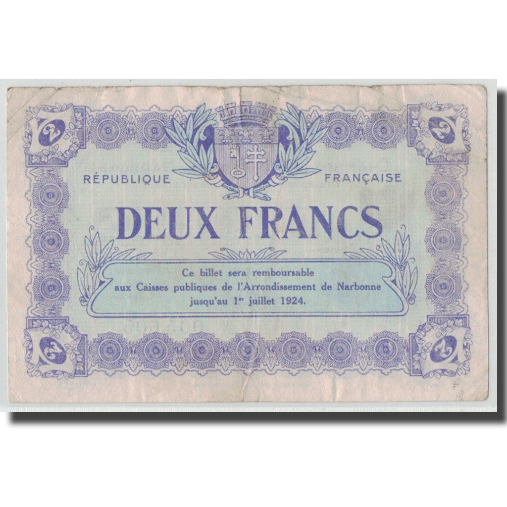 France, Narbonne, 2 Francs, 1921, VF(30-35), Pirot:89-25