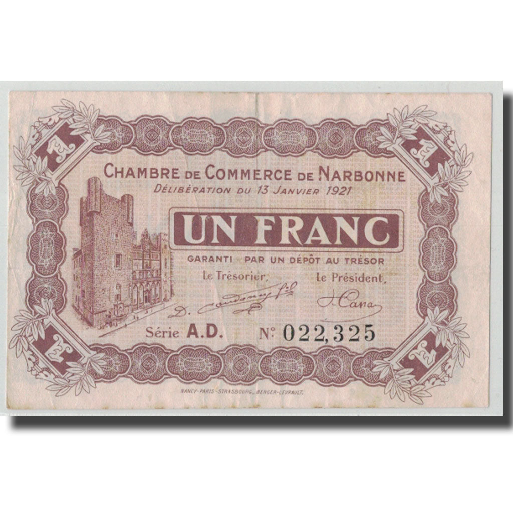France, Narbonne, 1 Franc, 1921, AU(50-53), Pirot:89-21