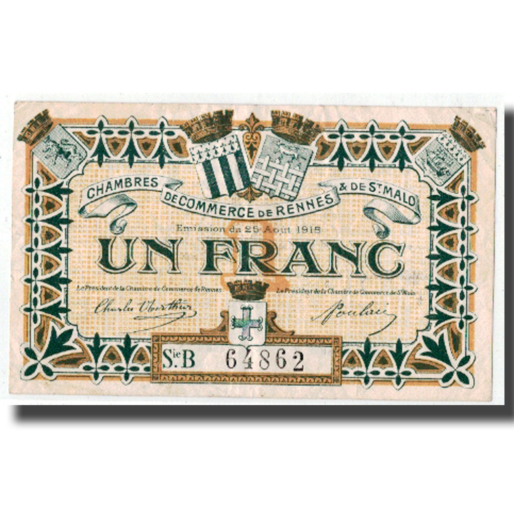 France, Rennes et Saint-Malo, 1 Franc, 1915, TTB+, Pirot:105-15