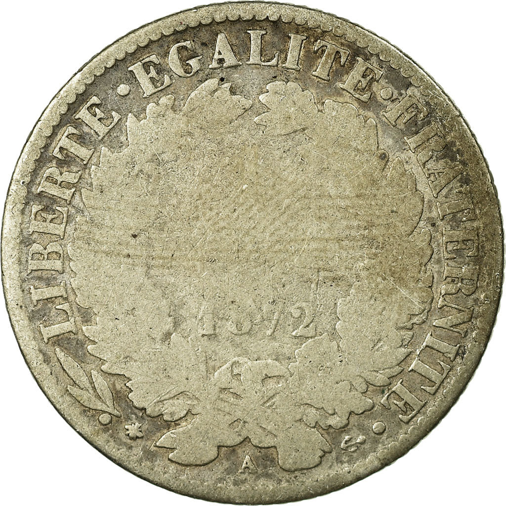 Monnaie, France, Cérès, Franc, 1872, Paris, B, Argent, Gadoury:465a, KM:822.1