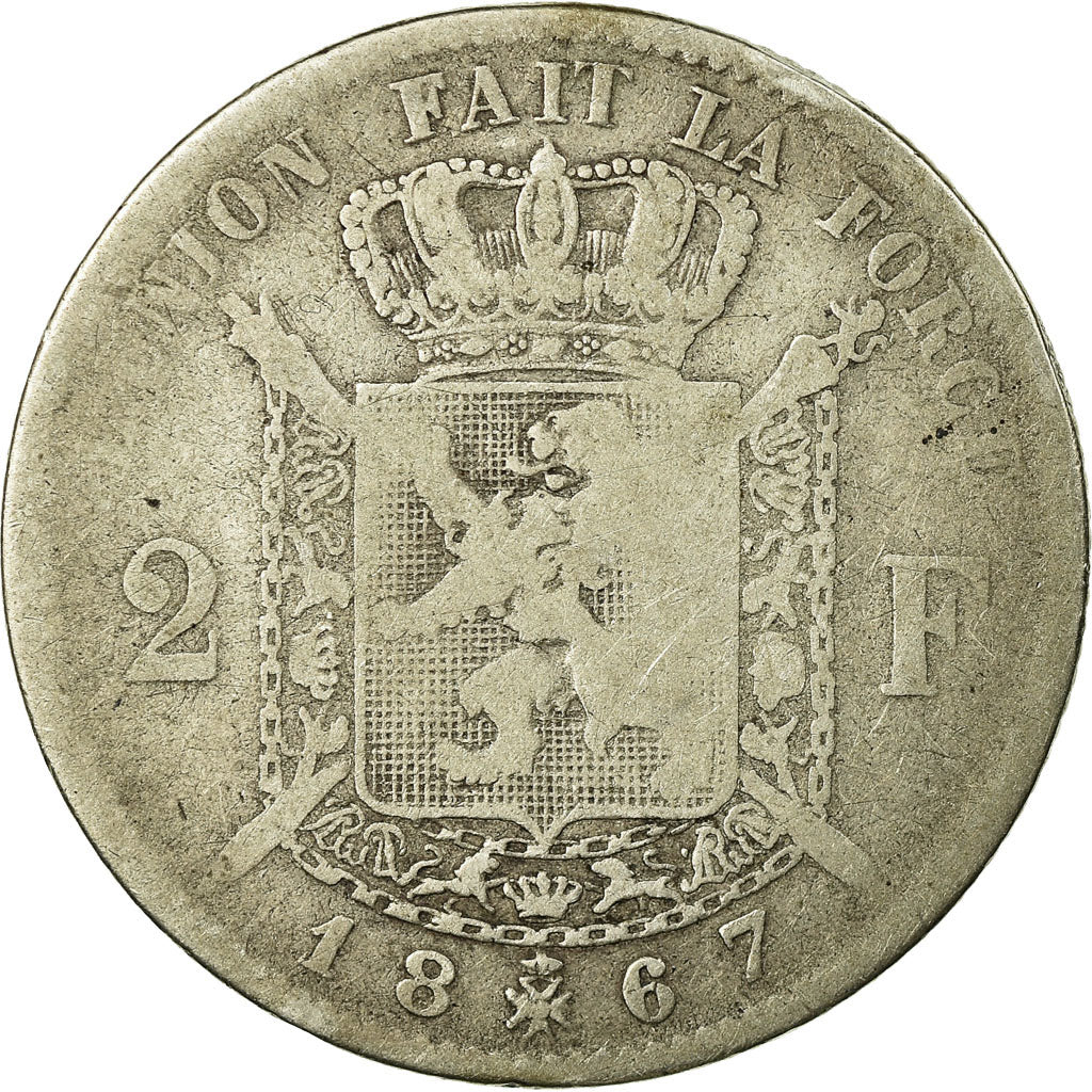 Coin, Belgium, Leopold II, 2 Francs, 2 Frank, 1867, F(12-15), Silver, KM:30.1