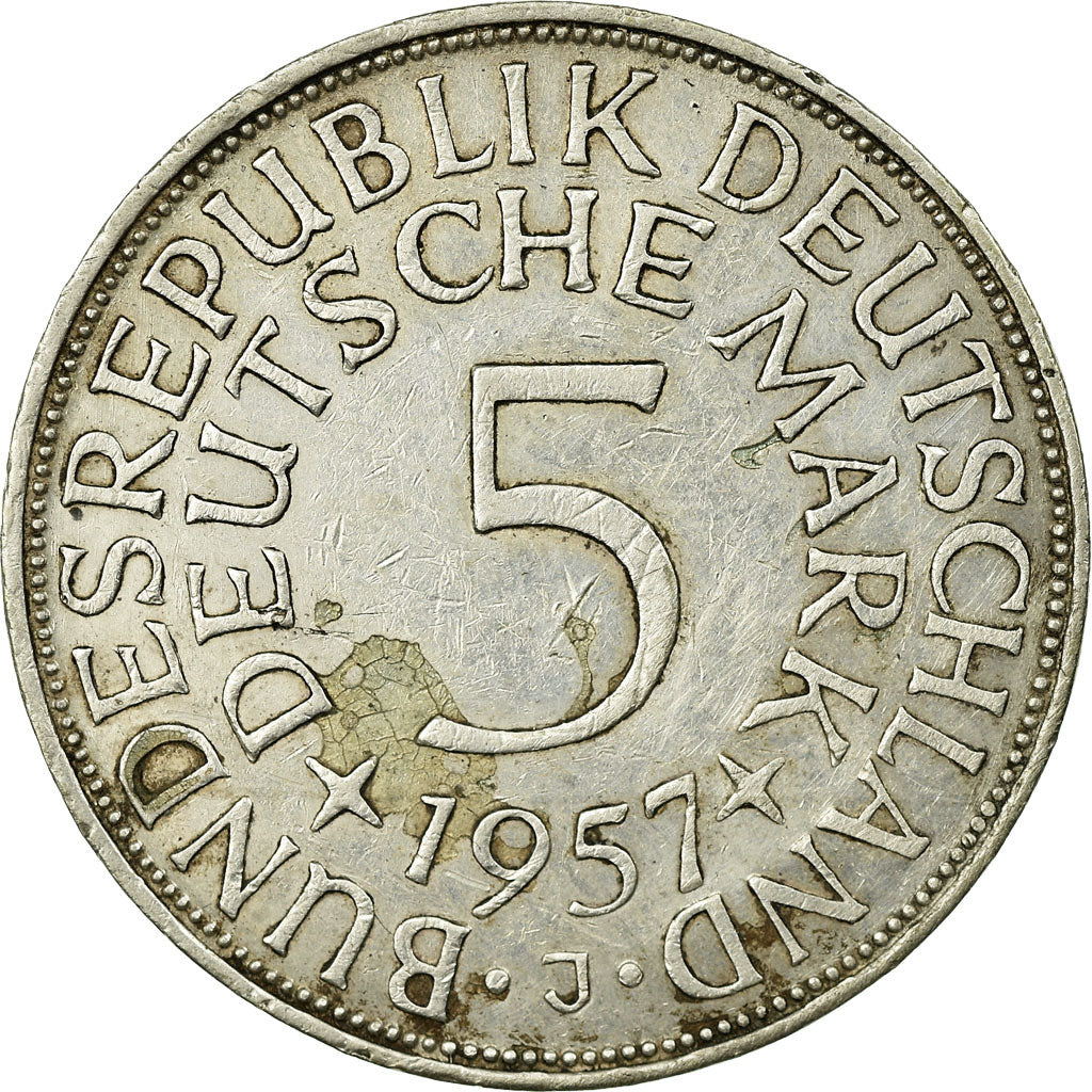 Coin, GERMANY - FEDERAL REPUBLIC, 5 Mark, 1957, Hambourg, EF(40-45), Silver