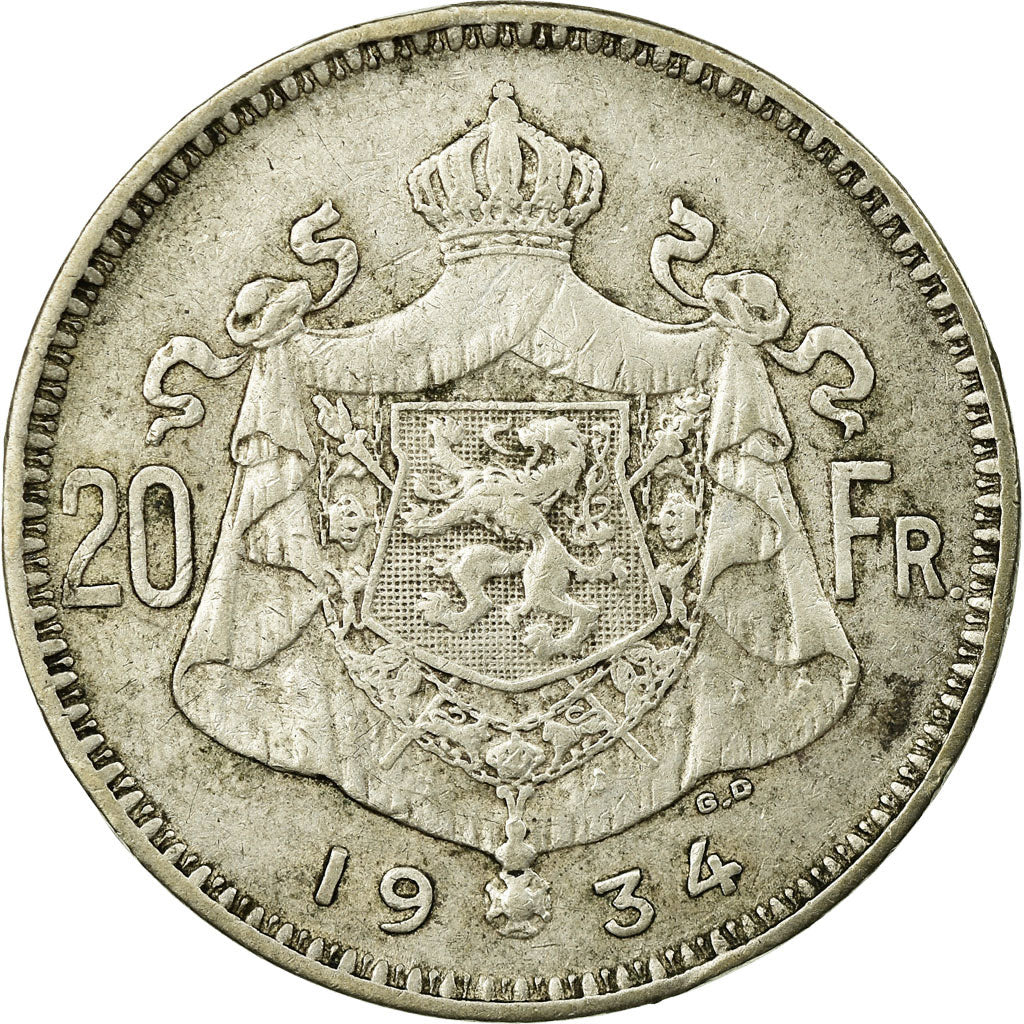 Coin, Belgium, 20 Francs, 20 Frank, 1934, EF(40-45), Silver, KM:104.1