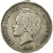 Coin, Spain, Alfonso XIII, 5 Pesetas, 1892, Madrid, VF(20-25), Silver, KM:700