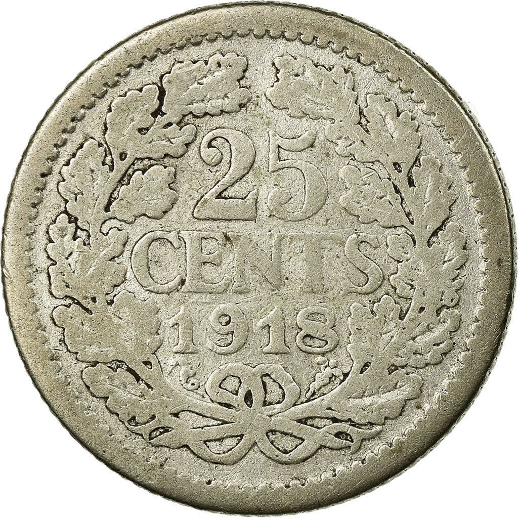 Coin, Netherlands, Wilhelmina I, 25 Cents, 1918, VG(8-10), Silver, KM:146