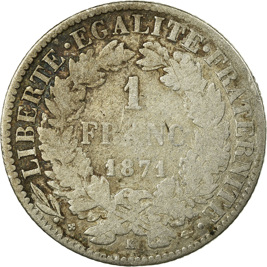 Coin, France, Cérès, Franc, 1871, Bordeaux, VG(8-10), Silver, KM:822.2