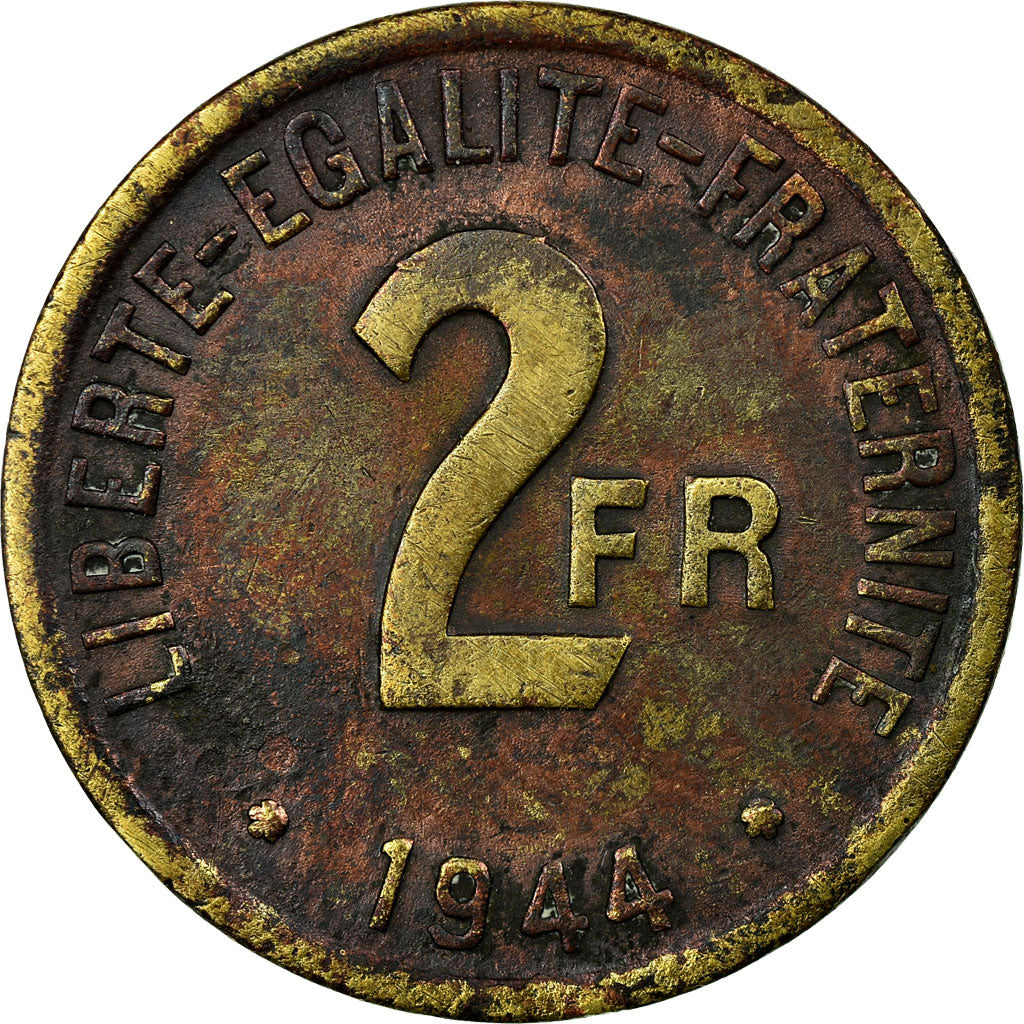 Coin, France, France Libre, 2 Francs, 1944, Philadelphia, VF(20-25), Brass