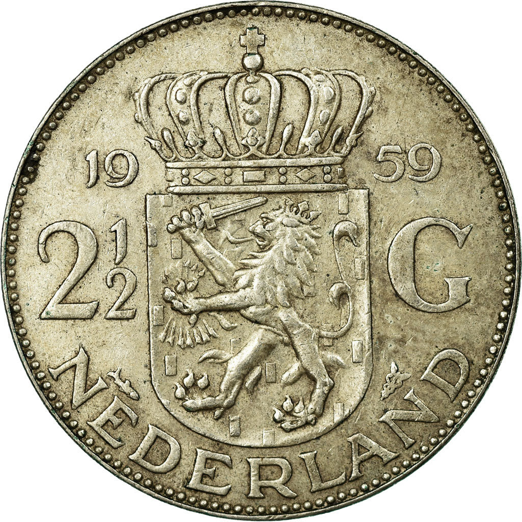 Coin, Netherlands, Juliana, 2-1/2 Gulden, 1959, EF(40-45), Silver, KM:185