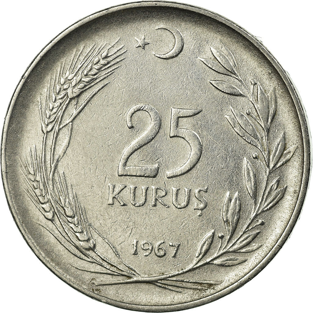 Coin, Turkey, 25 Kurus, 1967, EF(40-45), Stainless Steel, KM:892.3