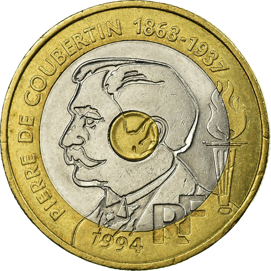 Moeda, França, Pierre de Coubertin, 20 Francs, 1994, EF(40-45), Trimetálico