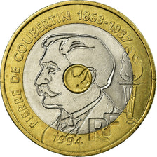 Moeda, França, Pierre de Coubertin, 20 Francs, 1994, EF(40-45), Trimetálico