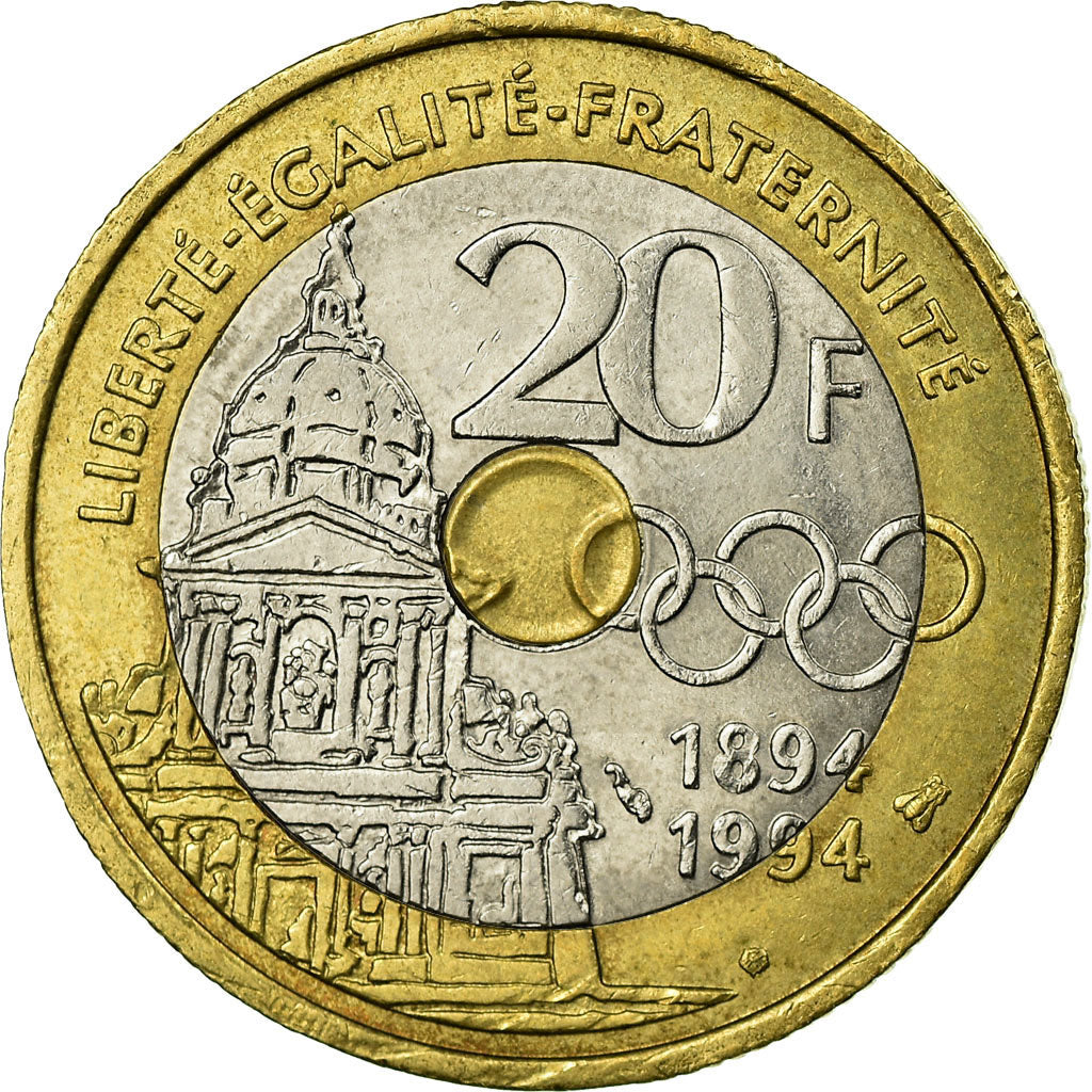 Moeda, França, Pierre de Coubertin, 20 Francs, 1994, EF(40-45), Trimetálico