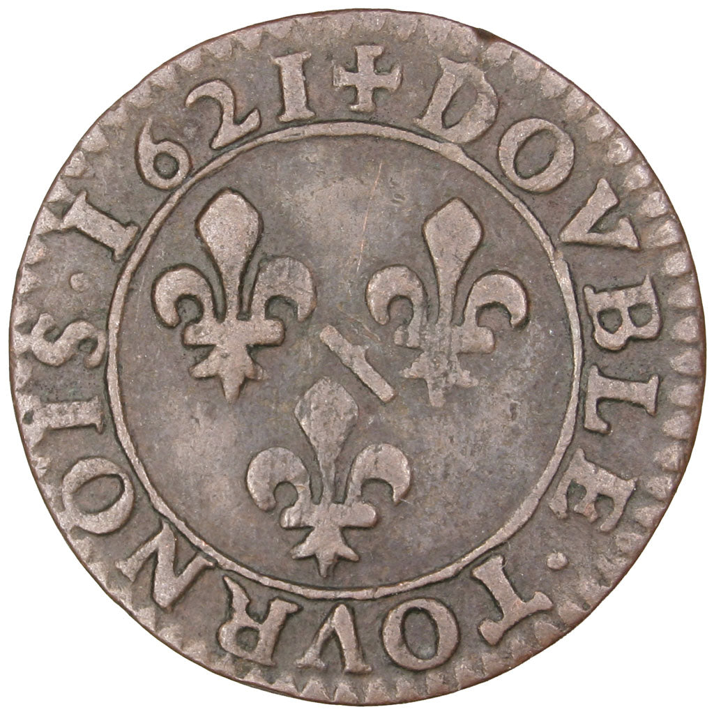 FRANCE, Double Tournois, 1621, Trévoux, EF(40-45), Copper, CGKL #728, 2.89