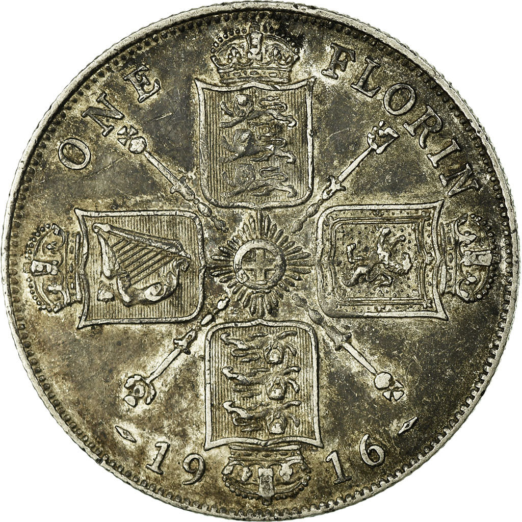 Coin, Great Britain, George V, Florin, Two Shillings, 1916, EF(40-45), Silver