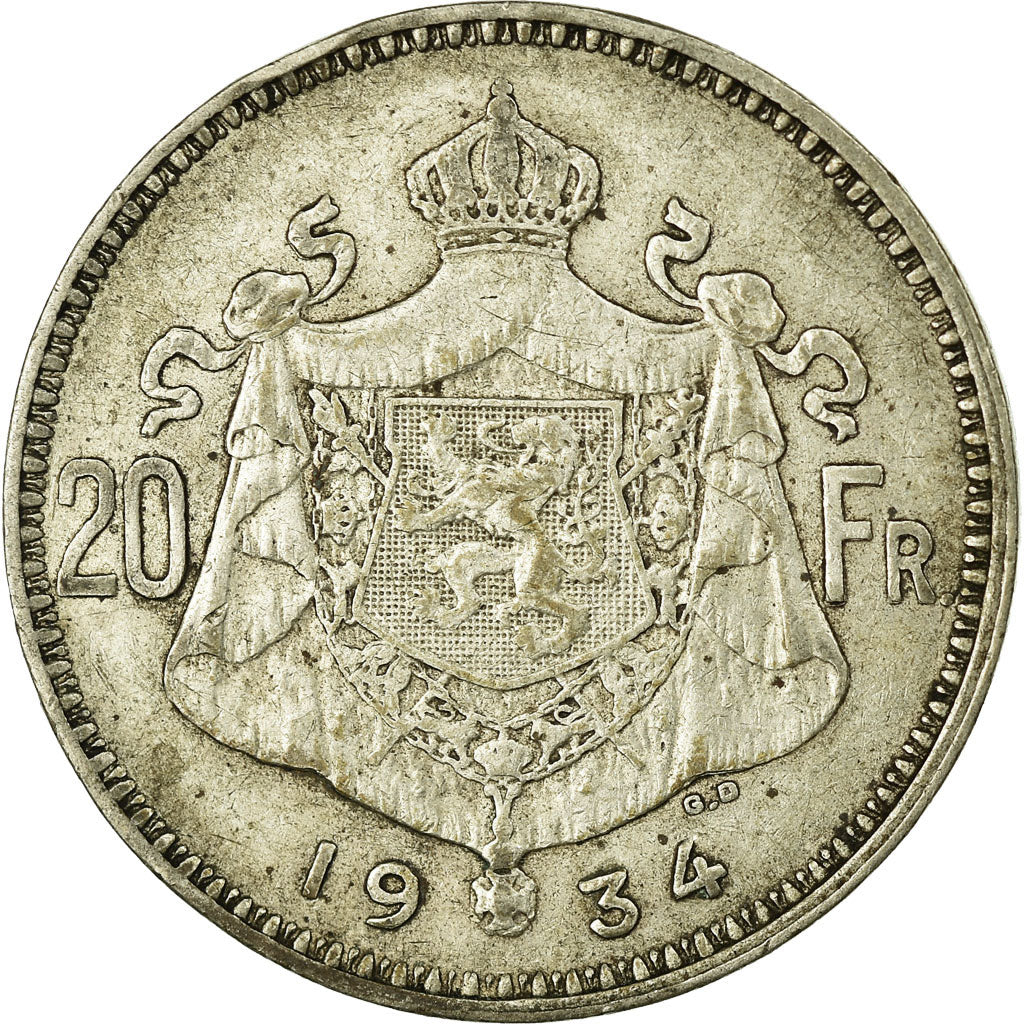Coin, Belgium, 20 Francs, 20 Frank, 1934, VF(30-35), Silver, KM:104.1