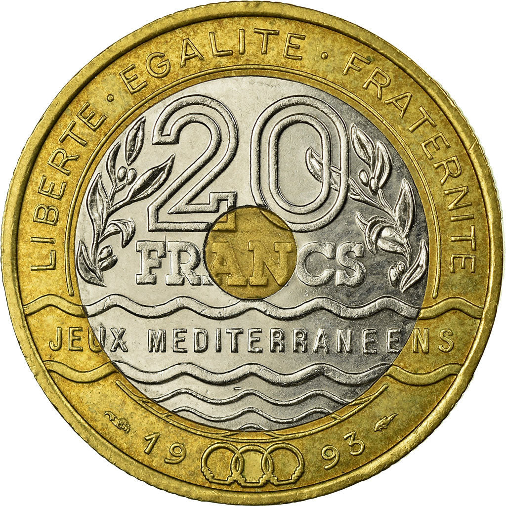 Coin, France, Jeux Méditerranéens, 20 Francs, 1993, AU(55-58), Tri-Metallic
