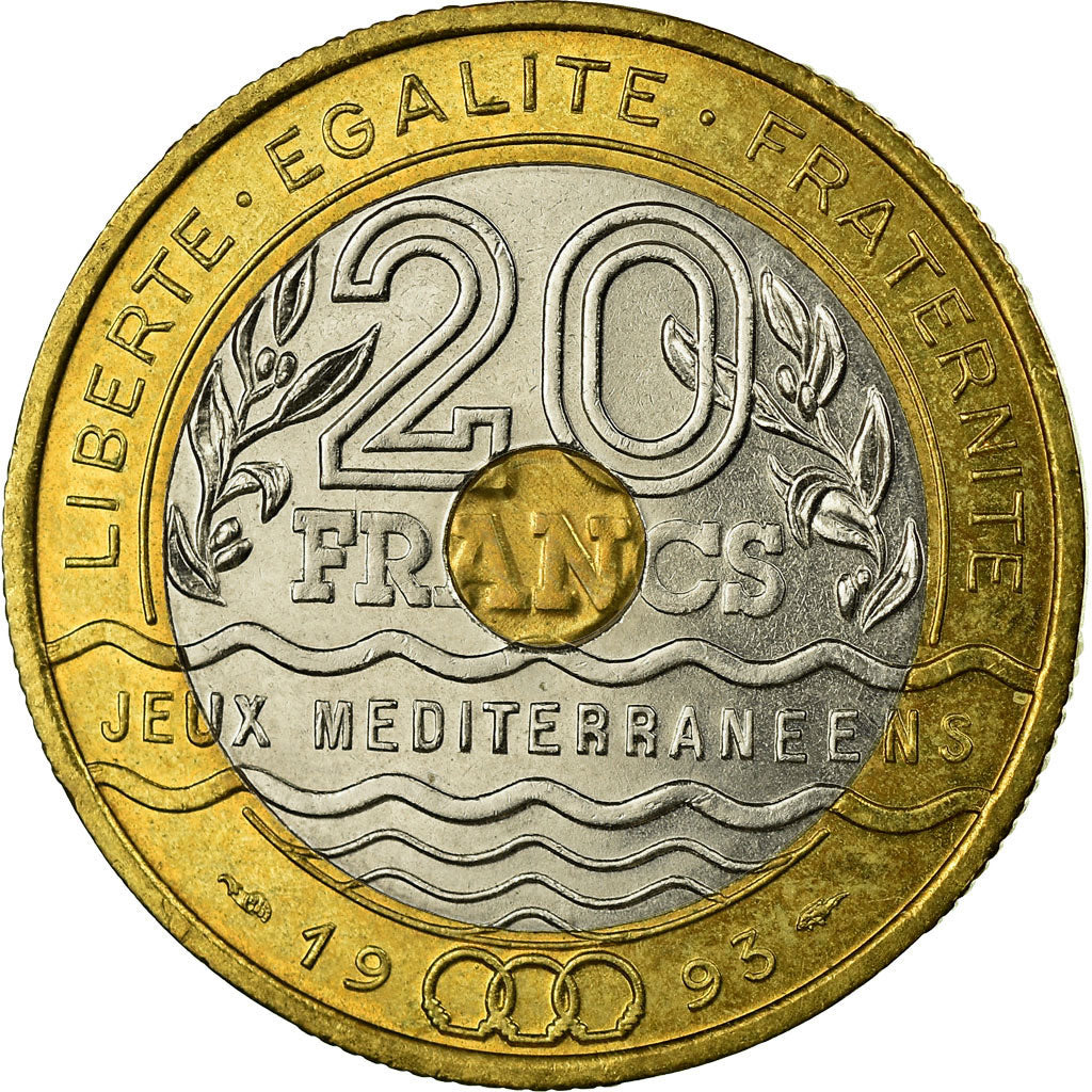 Moeda, França, Jeux Méditerranéens, 20 Francs, 1993, AU(50-53), Trimetálico