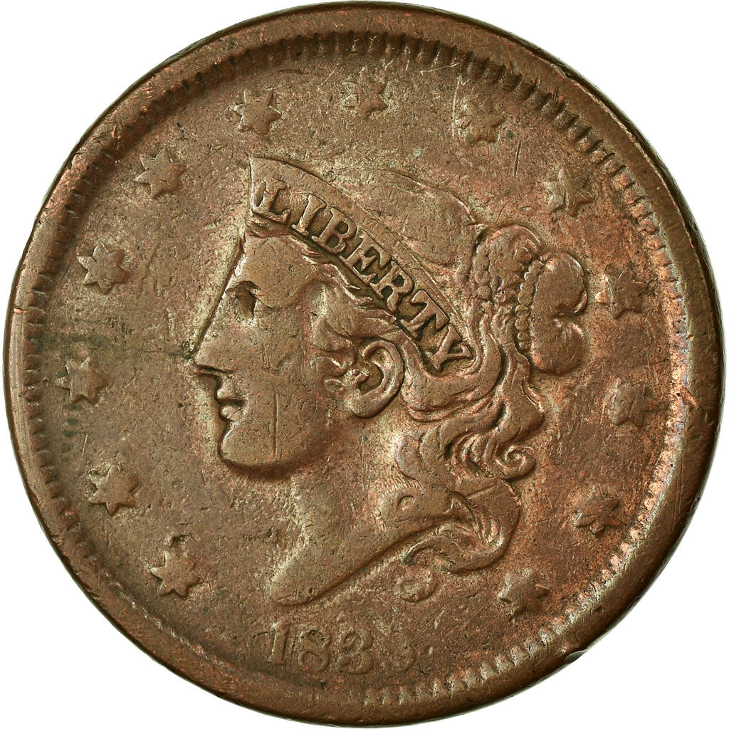 Coin, United States, Coronet Cent, Cent, 1838, U.S. Mint, Philadelphia