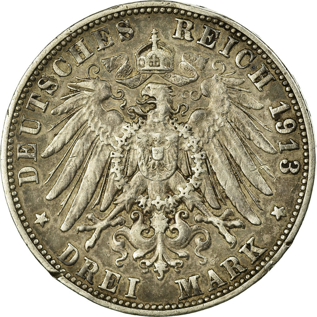 Coin, German States, WURTTEMBERG, Wilhelm II, 3 Mark, 1913, Freudenstadt