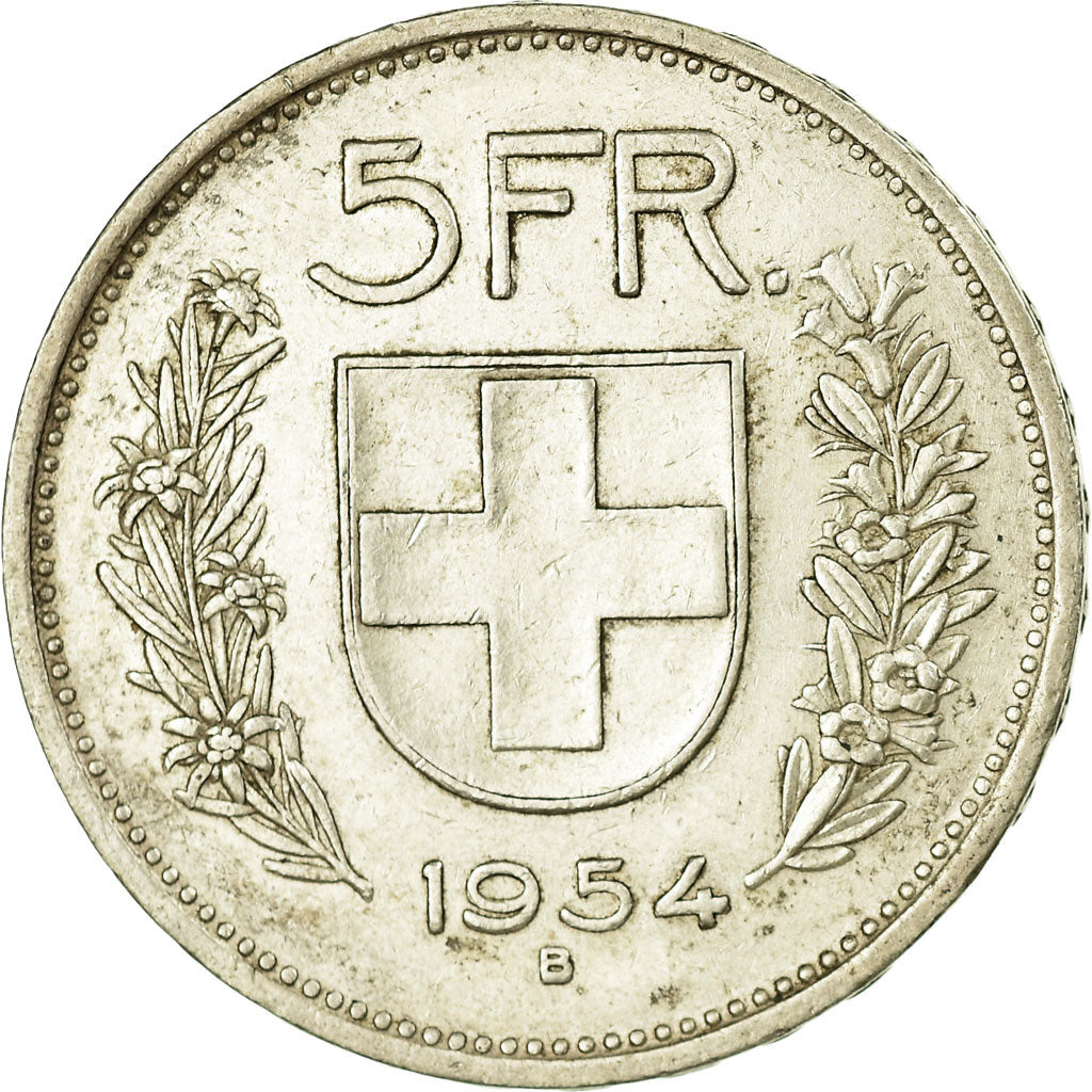 Coin, Switzerland, 5 Francs, 1954, Bern, EF(40-45), Silver, KM:40