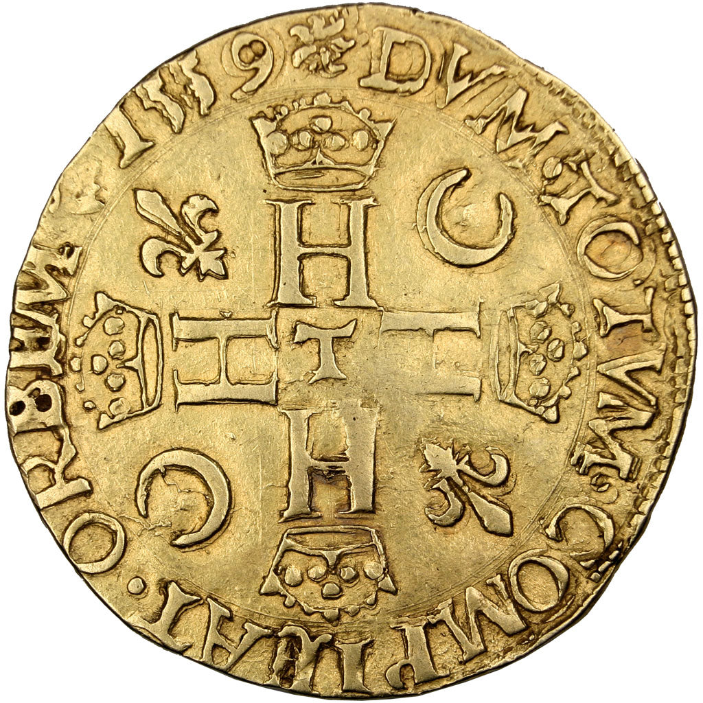 FRANCE, Double Henri d'or, 1559, Nantes, AU(50-53), Gold, Sombart #4974, 6.18