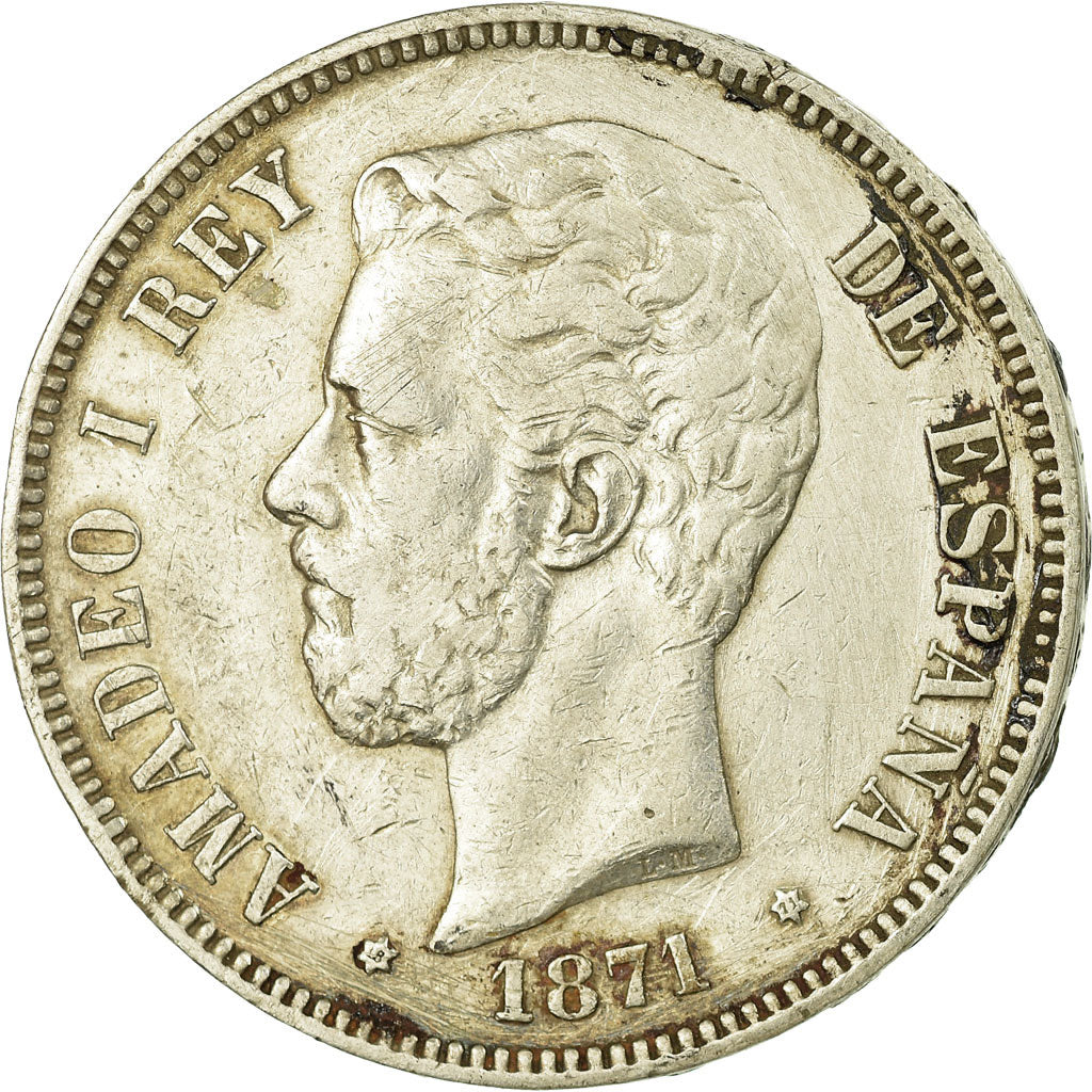 Coin, Spain, Amadeao I, 5 Pesetas, 1871, VF(30-35), Silver, KM:666