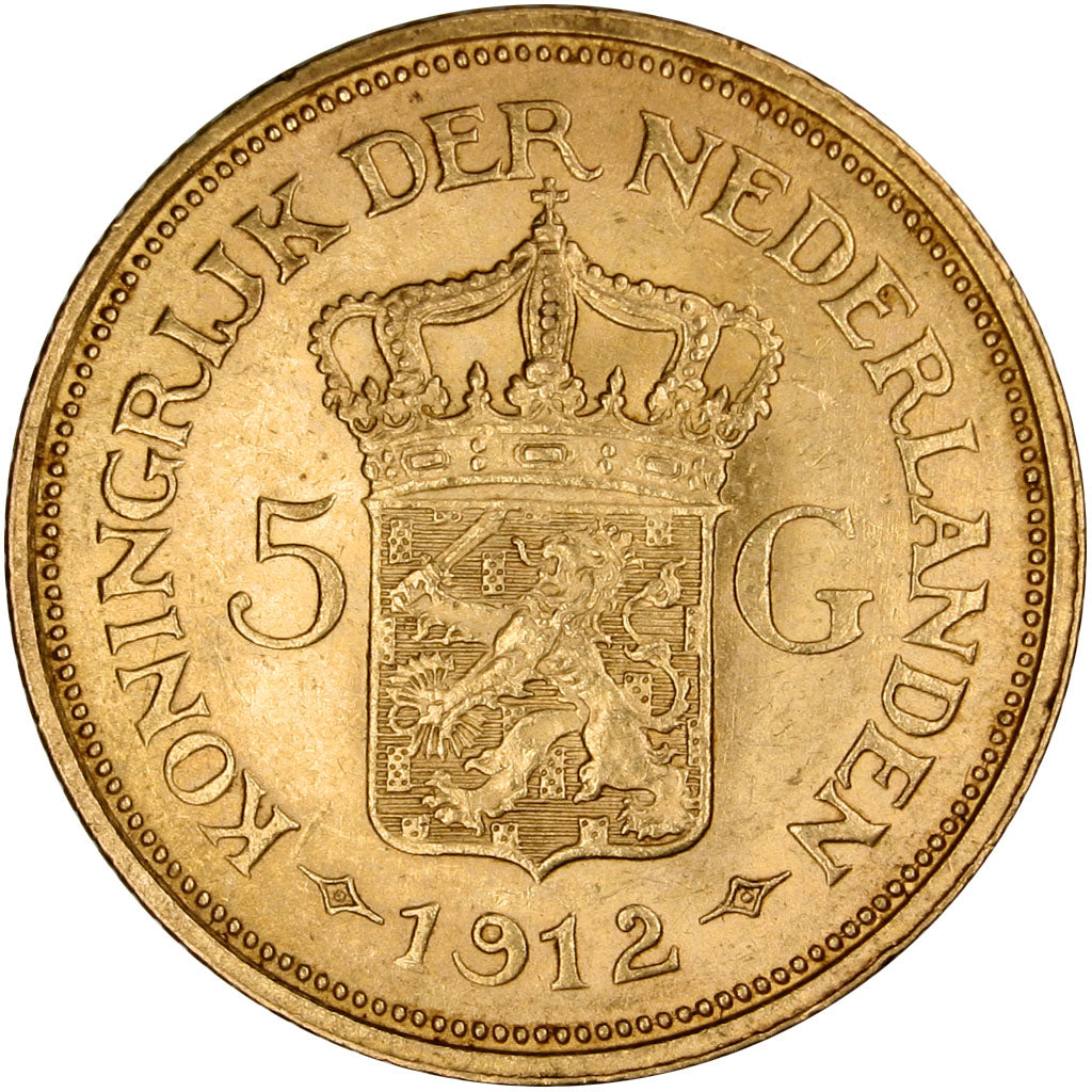 NETHERLANDS, 5 Gulden, 1912, KM #151, AU(55-58), Gold, 18, 3.36