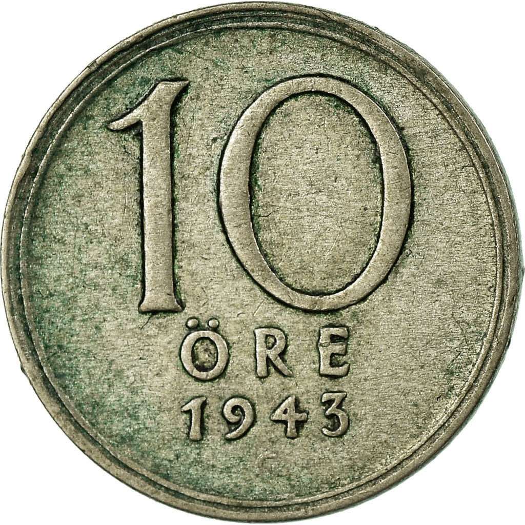 Coin, Sweden, Gustaf V, 10 Öre, 1943, VF(30-35), Silver, KM:813
