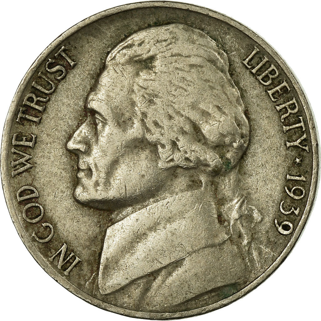 Coin, United States, Jefferson Nickel, 5 Cents, 1939, U.S. Mint, Philadelphia