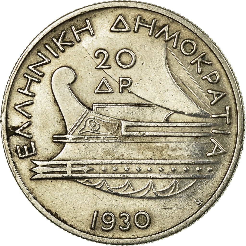 Moneta, Grecja, 20 Drachmai, 1930, EF(40-45), Srebro, KM:73
